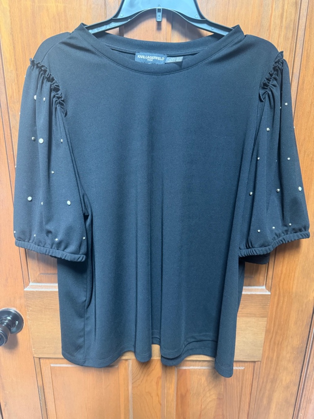 Karl Lagerfeld Black Puff Sleeve Top with Pearl Studs